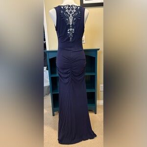 Dark blue body con maxi dress with back & side ruching and back lace detail